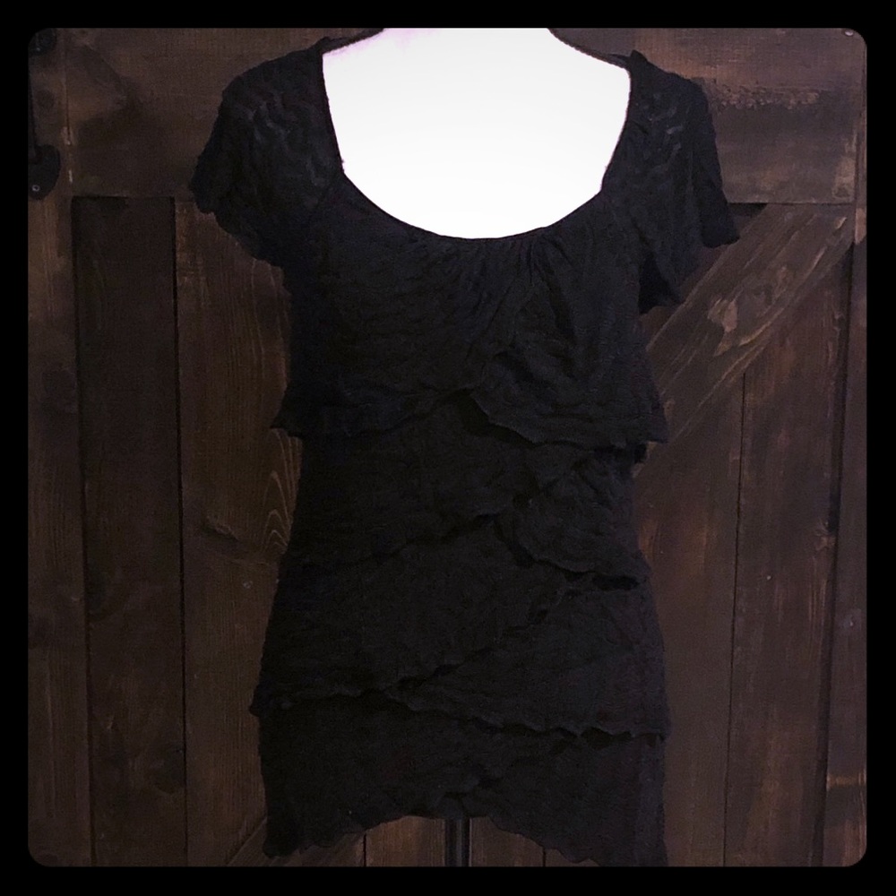 Sexy ruffles for days!  Short sleeve black top.